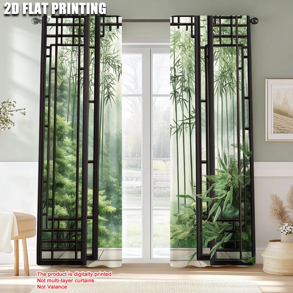 2pcs, Curtains Digital Printed 2D Plane Printing Green Bamboo Print Polyester (without Rod) All Seasons Ldeal for Bedroom,