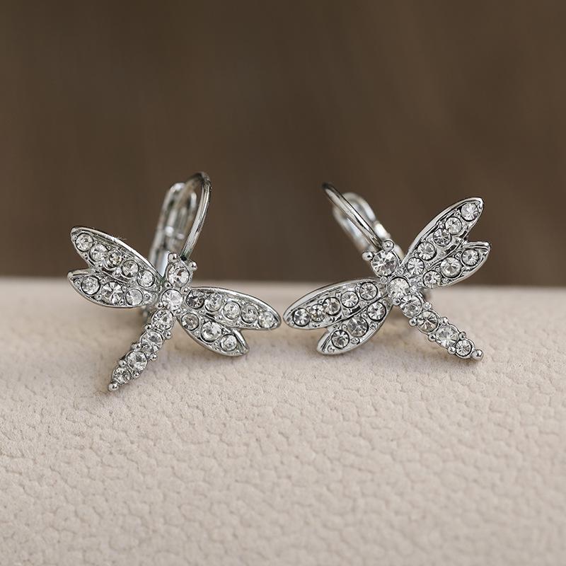 

Silver Dragonfly Rhinestone Dangle Earrings for Women - Korean and Japanese-Inspired Celebrity Style One Size серебряный