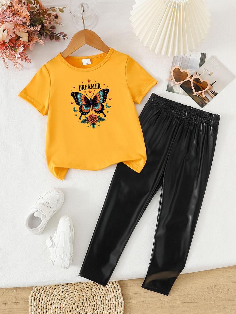 Summer Girls' Two-Piece Set: Fashionable Printed Short Sleeve Top & Long Pants