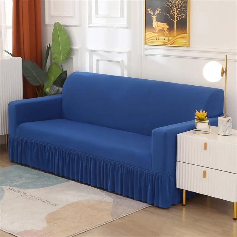 Solid Color Elastic Sofa Cover With Skirt Home Decor Non-slip Slipcover Furniture Couch Protector Cover