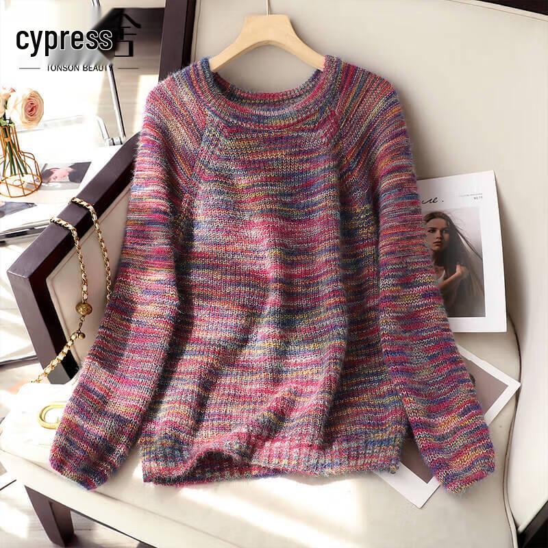 

Women s Color Block Round Neck Long Sleeve Sweater One Size