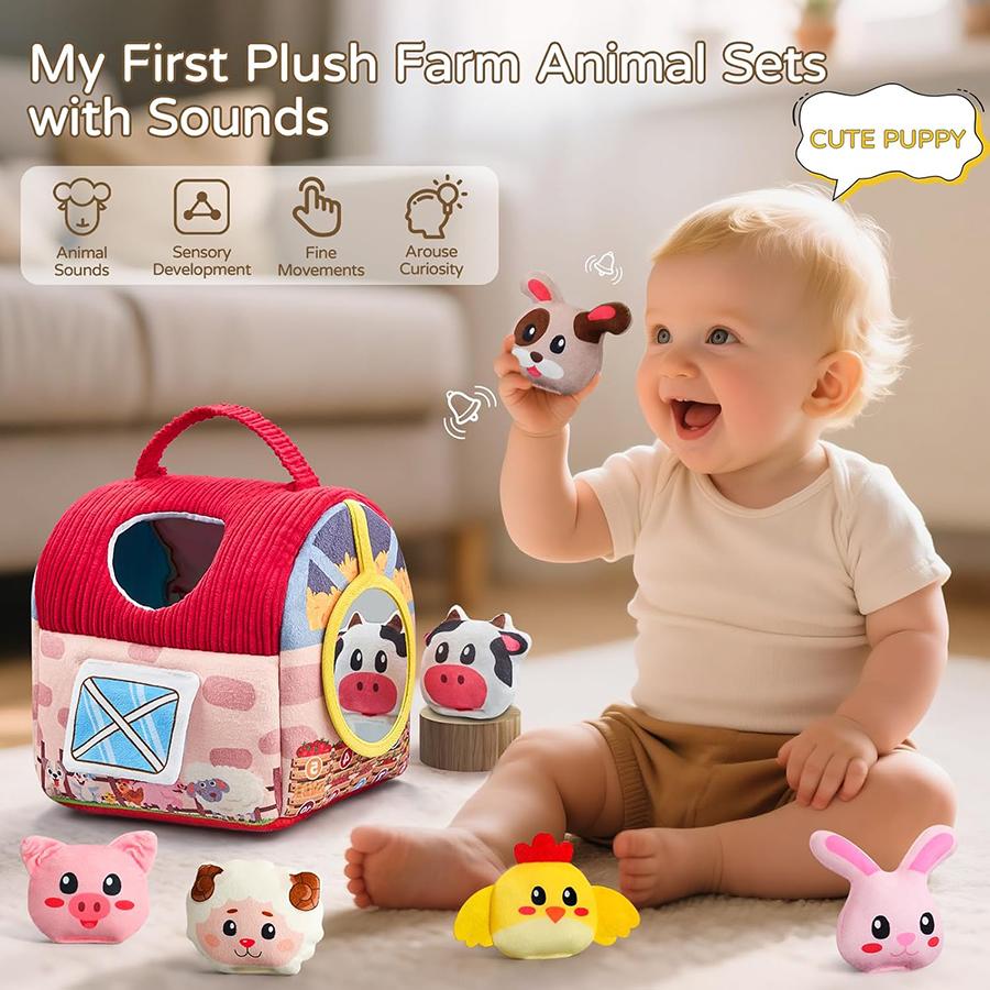 Baby Toys 6-12 Months, Barn Toys with Stuffed Farm Animals for Toddlers 1-3 Baby Plush Beehive wtih Rattles Squeaker Mirror