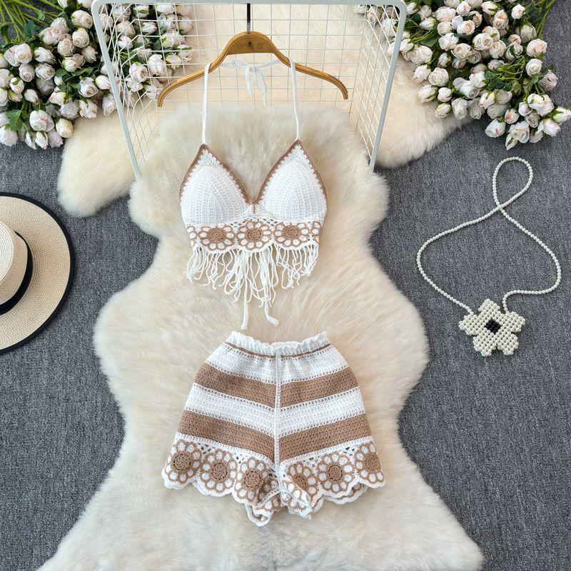 

Vacation Style Beach Fashion Suit Halterneck Color-Block V Neck Tassel Vest Camisole + High Waist Hollow-out Wide Leg Shorts White coffee One size