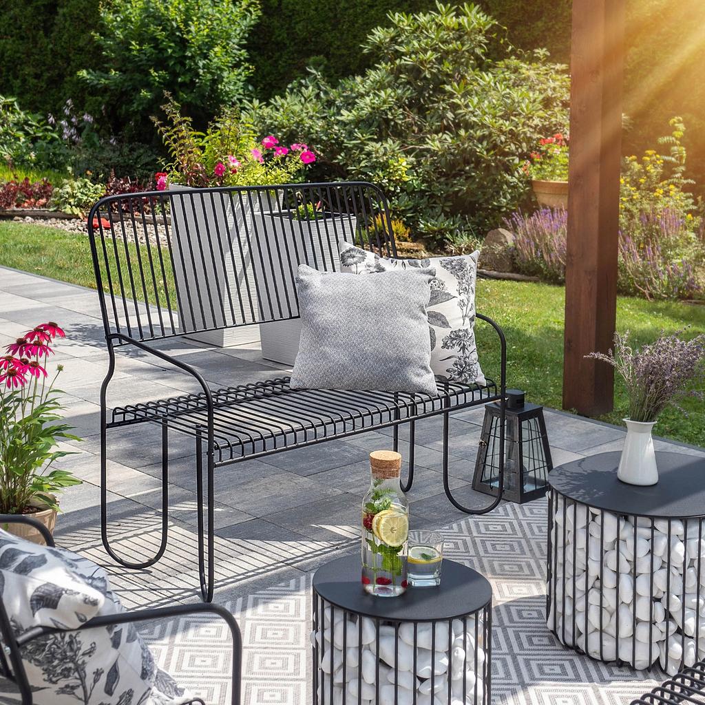 KADAX Gartenbank Parkbank mit Rückenlehne Metall für Terrasse Stabil Schwarz