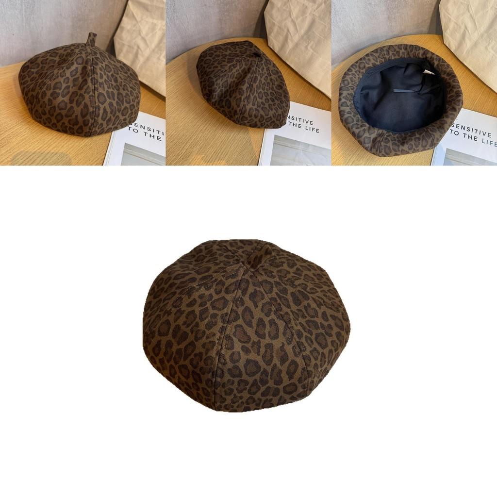 Leopard Print Beret For Women Vintage Fashion Warm Soft Leather Fall Accessory