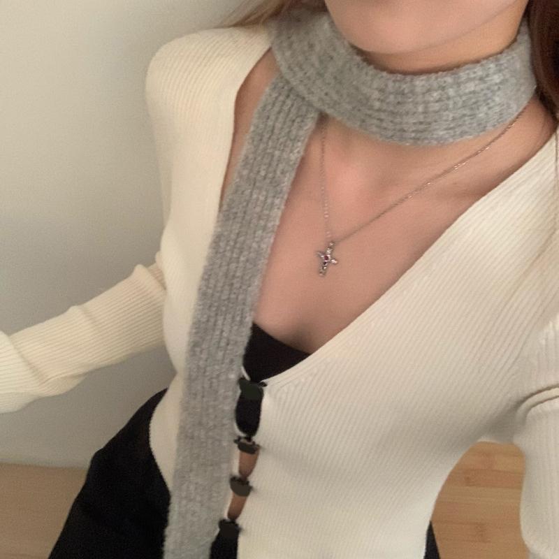 Winter  Solid Color Narrow Long Scarf Female Korean Version Knitted Woolen Scarves Women'S Imitation Cashmere Mohair Scarf
