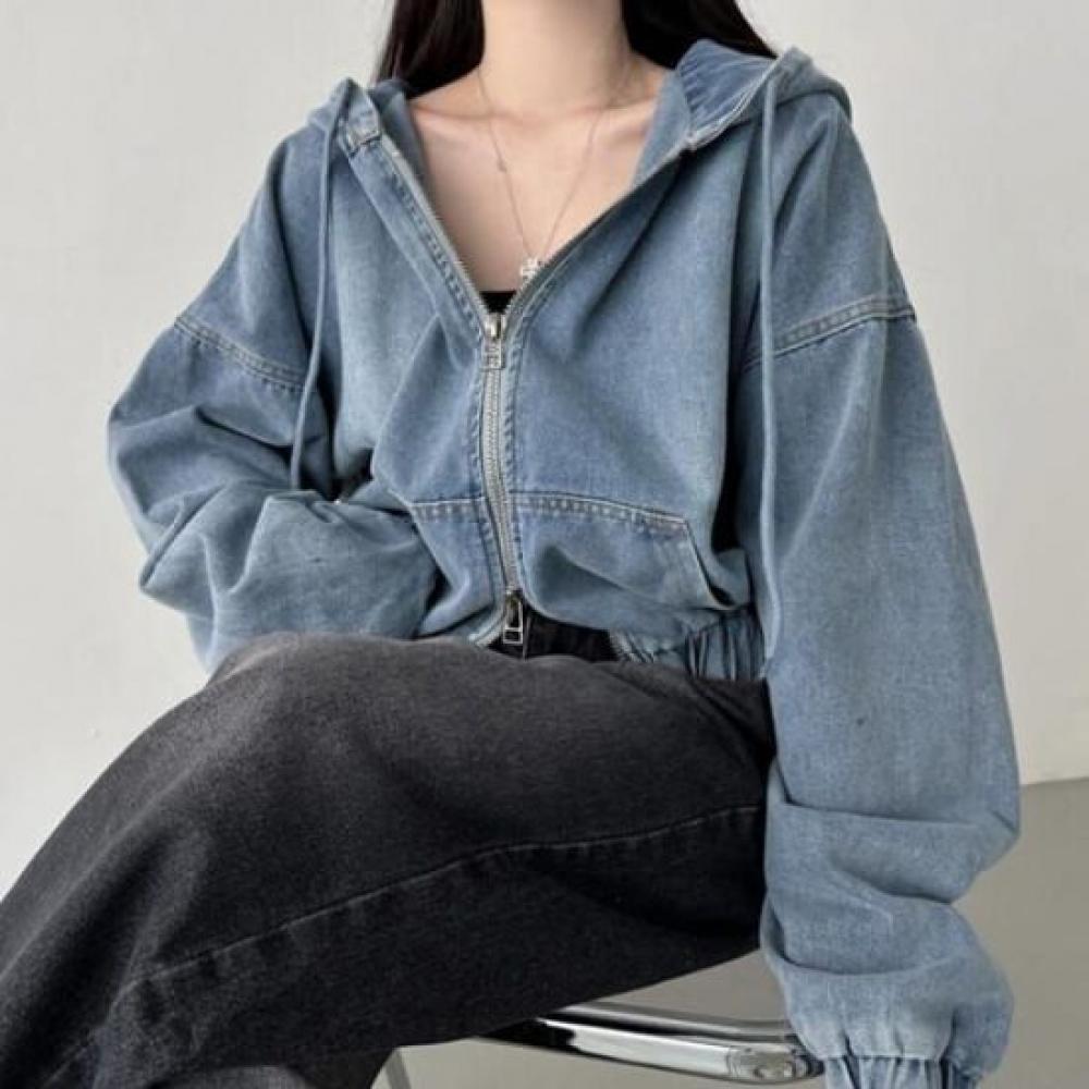 Navava Unisex Vintage Crop Denim Long Sleeve Hoodie Jacket Nc335