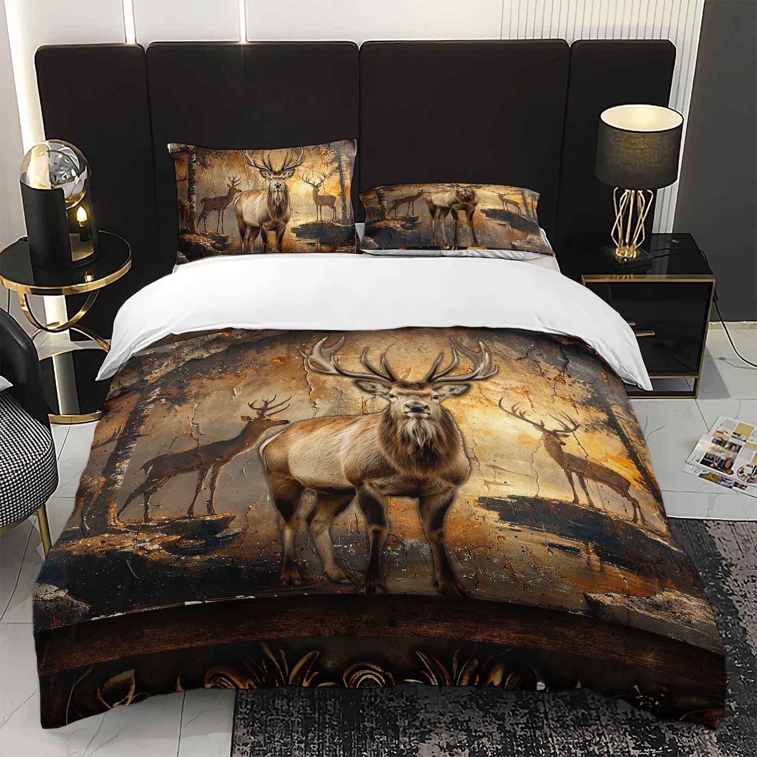 

3pcs Elk Deer Bedding Set - Rustic Brown/Beige/Golden Forest Animal Bedspread with Elk & Stag Design, Brushed Soft Bedspread (135x200cm)