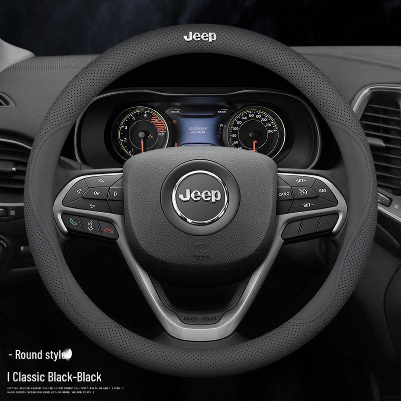 Universal Genuine Leather Steering Wheel Cover for Jeep Cherokee, Wrangler, Compass, Renegade - All-Season Use