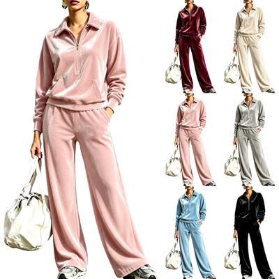 Completo Casual da Donna in Velluto Due Pezzi con Top a Mezza Zip con Colletto e Pantaloni a Gamba Larga