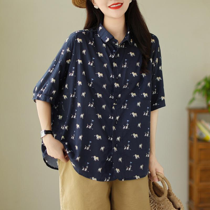 Japanese fashion puppy print short-sleeved shirt women's summer new loose and versatile niche design top
