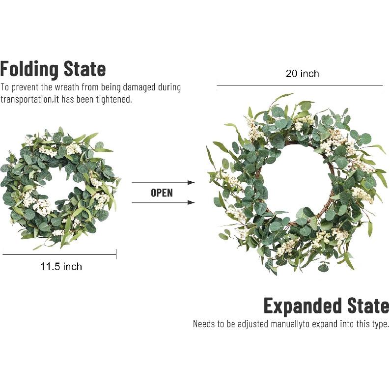 Pinkpum 20'' Eucalyptus Wreath for Front Door, Porch, Window - Green Decor for Home, Farmhouse - Spring, Summer, Fall, All Seasons