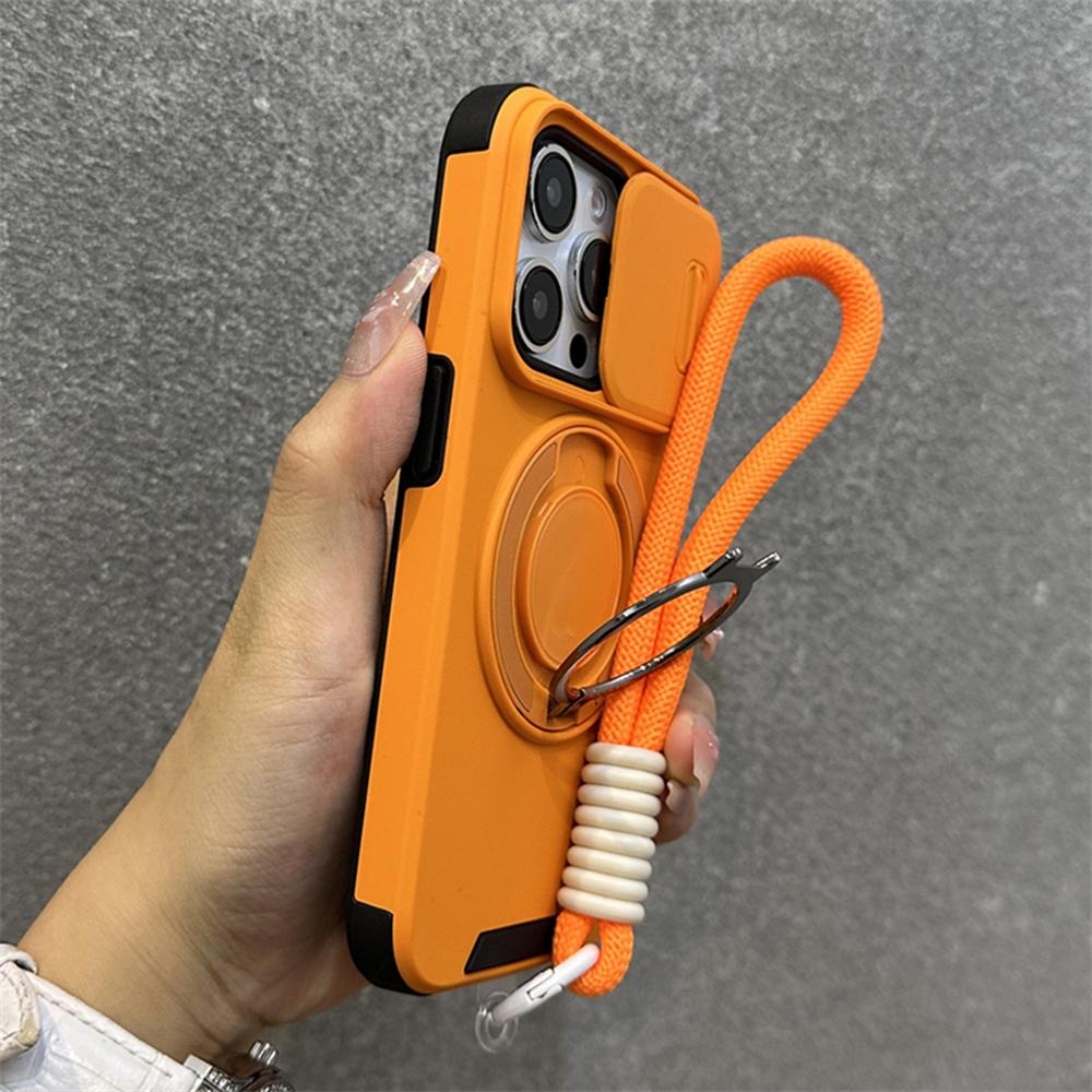 Armor Ring Stand Holder Slide Window Magnetic with Wrist Strap Phone Case for iPhone 16 15 Pro Max 13 12 11 14 Plus Bumper Cover