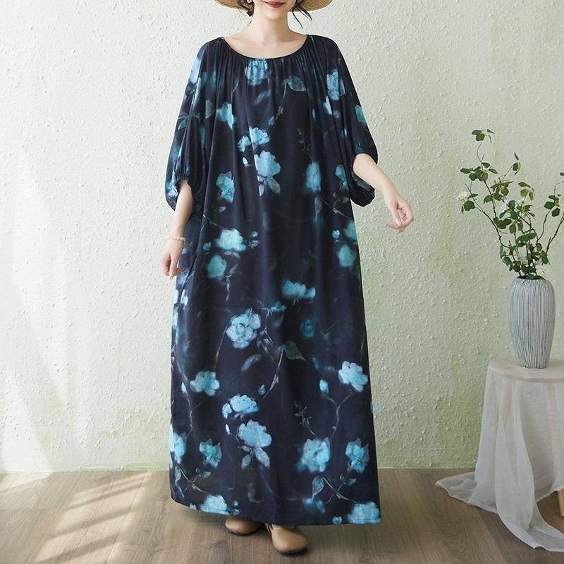 Short Sleeve Plus Size Cotton Vintage Floral New In Dresses for Women Casual Loose Maxi Long Summer Dress