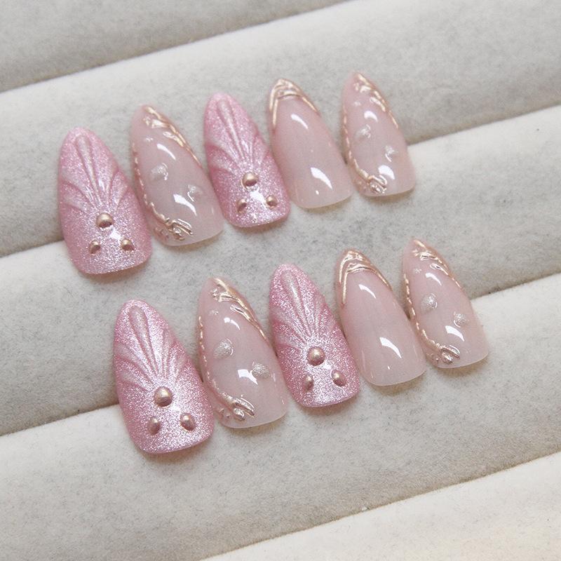Simple manicure patch removable nail fake nail three-dimensional shell wearing nail gold line diamond 24 pieces