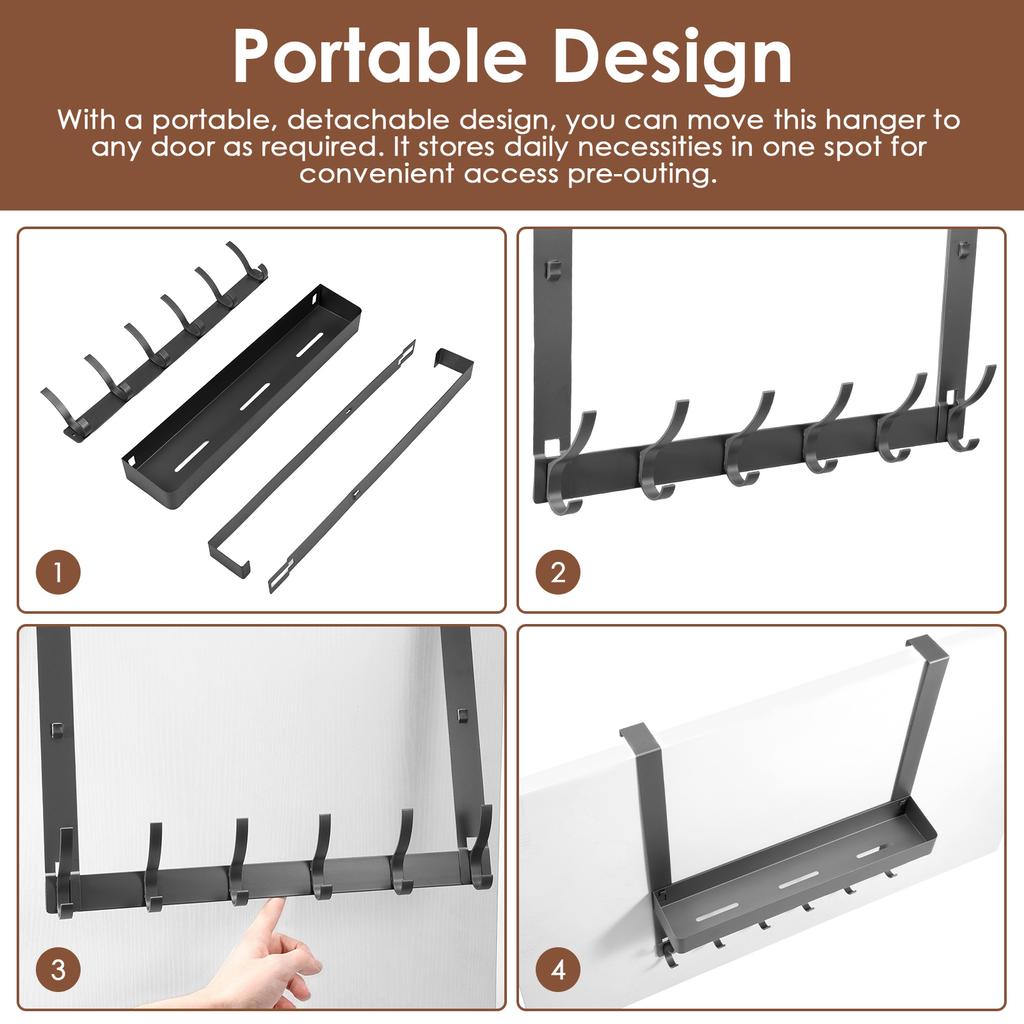 2Pcs Over the Door Organizer with 6 Hooks Aluminum No Drill Storage Rack Multi Purpose Clothes Hanger for Wallet Key Towel Coats