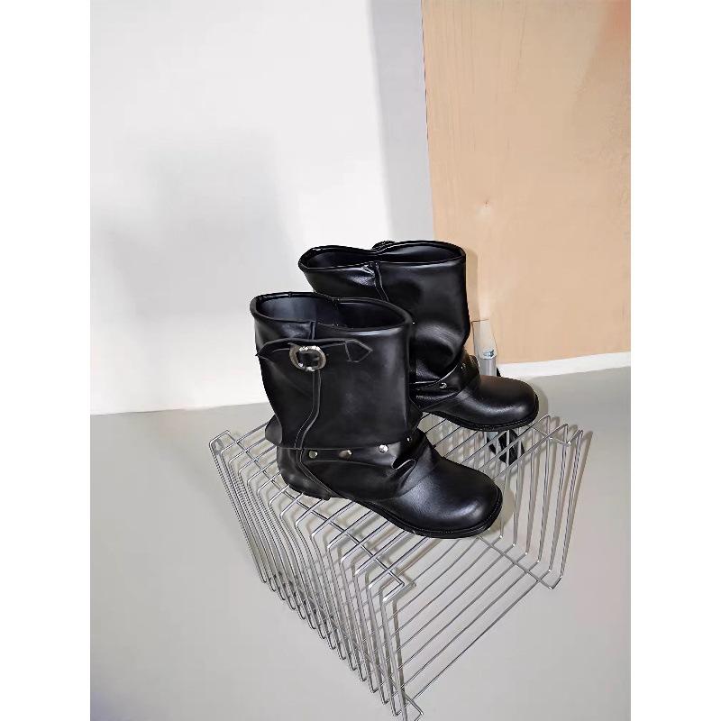Cowhide Version~ Retro Leather Black Trouser Tube Boots Rivet Short Boots Women's Western Boots Pleated Stacking Boots Locomotive Boots