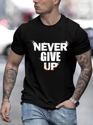 NEVER GIVE UP Printed Men's Summer 100% Pure Cotton Fashionable Casual Sports Loose Round Neck Short Sleeved T-shirt Top