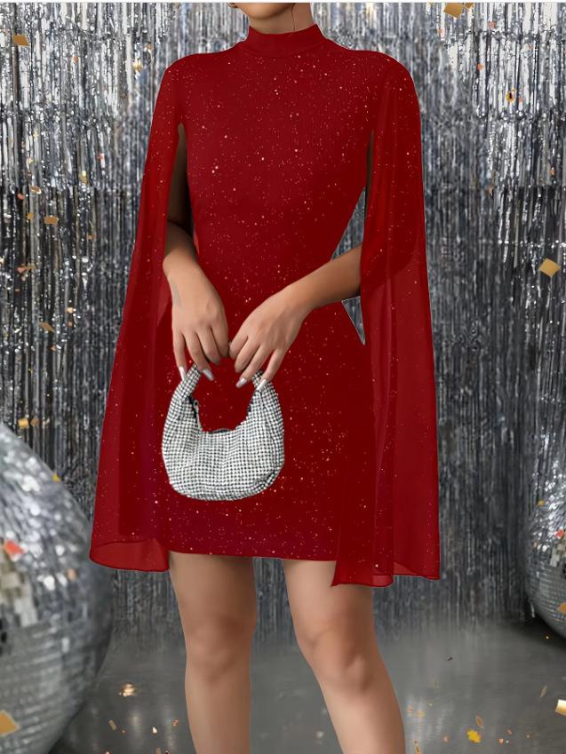 

European & American Women s 2025 Round Neck Ribbed Pearl Chiffon Cape Bodycon Dress Medium червоний