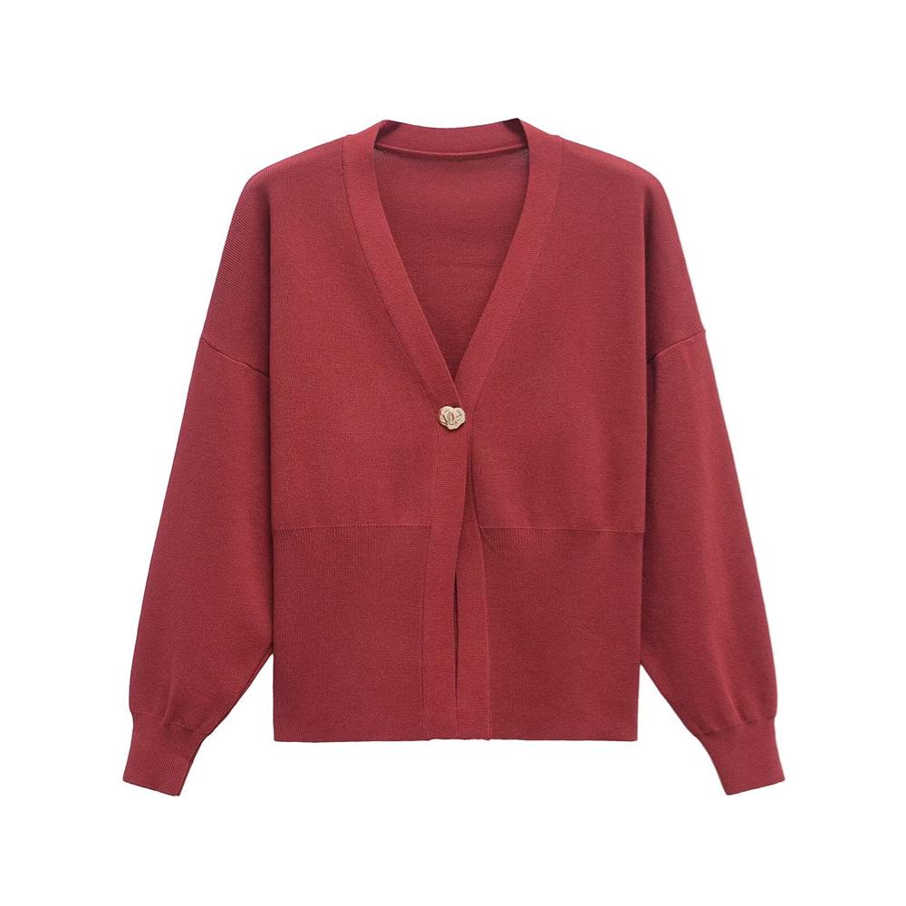 

2025 Spring Women s Slim Fit V-Neck Single-Button Embellished Long-Sleeve Knitted Cardigan Large кирпич красный