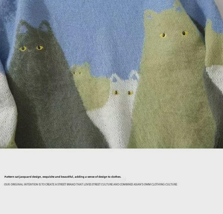 Euroamerikanischer Herbst/Winter Katzenmuster Jacquard Strickpullover - Langärmlig, Lockere Passform, Rundhalsausschnitt, Lässiger Komfort