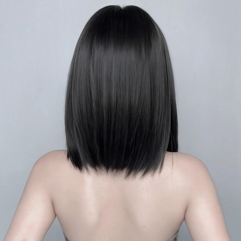 Short Straight Wig Women White Gray Bangs Full Head Cover Heat Resistant Synthetic Fiber Natural Look D-157 Any Face