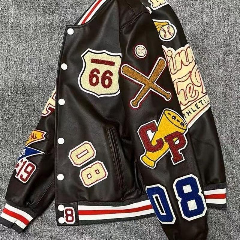 

Baseball jersey boys autumn trendy brand short leather jacket loose jacket pu leather men s outer jacket 2XL