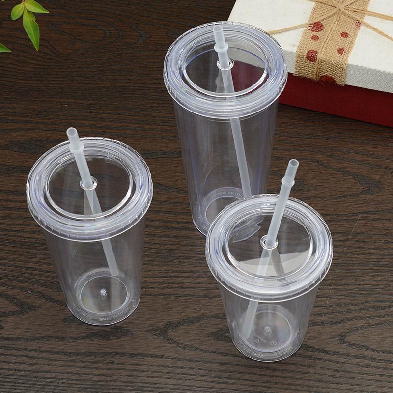 16oz Glitter Insert Double Layer Straw Cup with Lid - 450ML Transparent Solid Color
