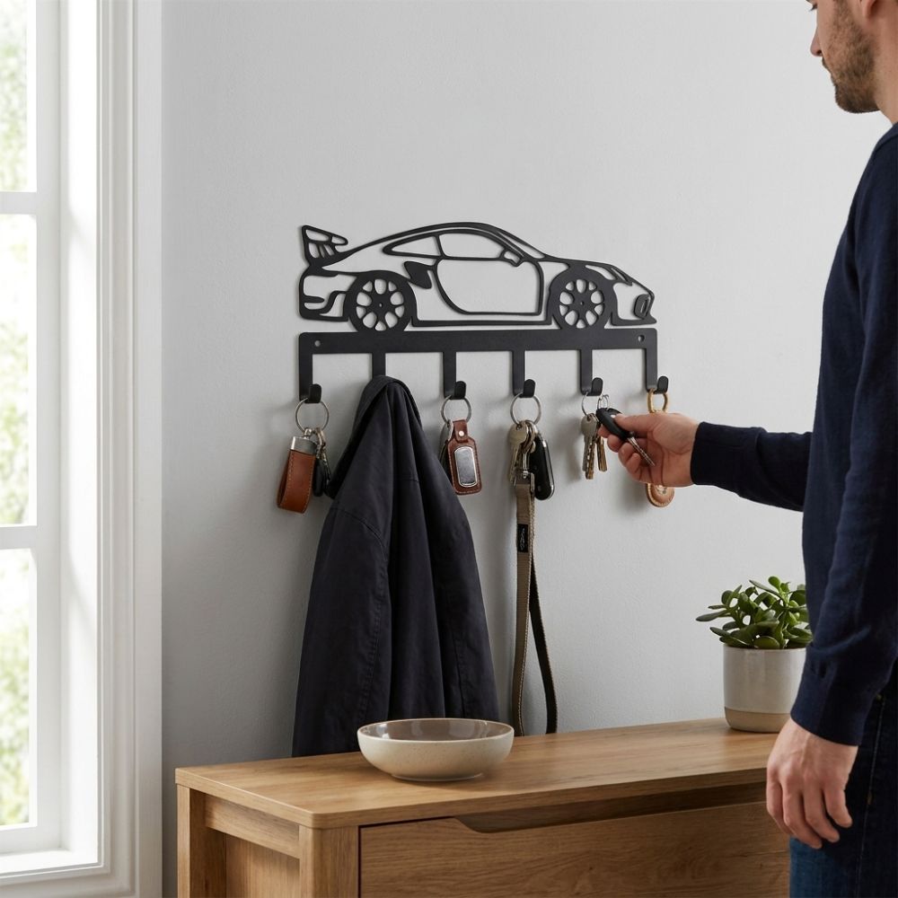 Sturdy 6 Hooks Metal Car Key Holder Black Minimal Cutout Race Car Hook Garage