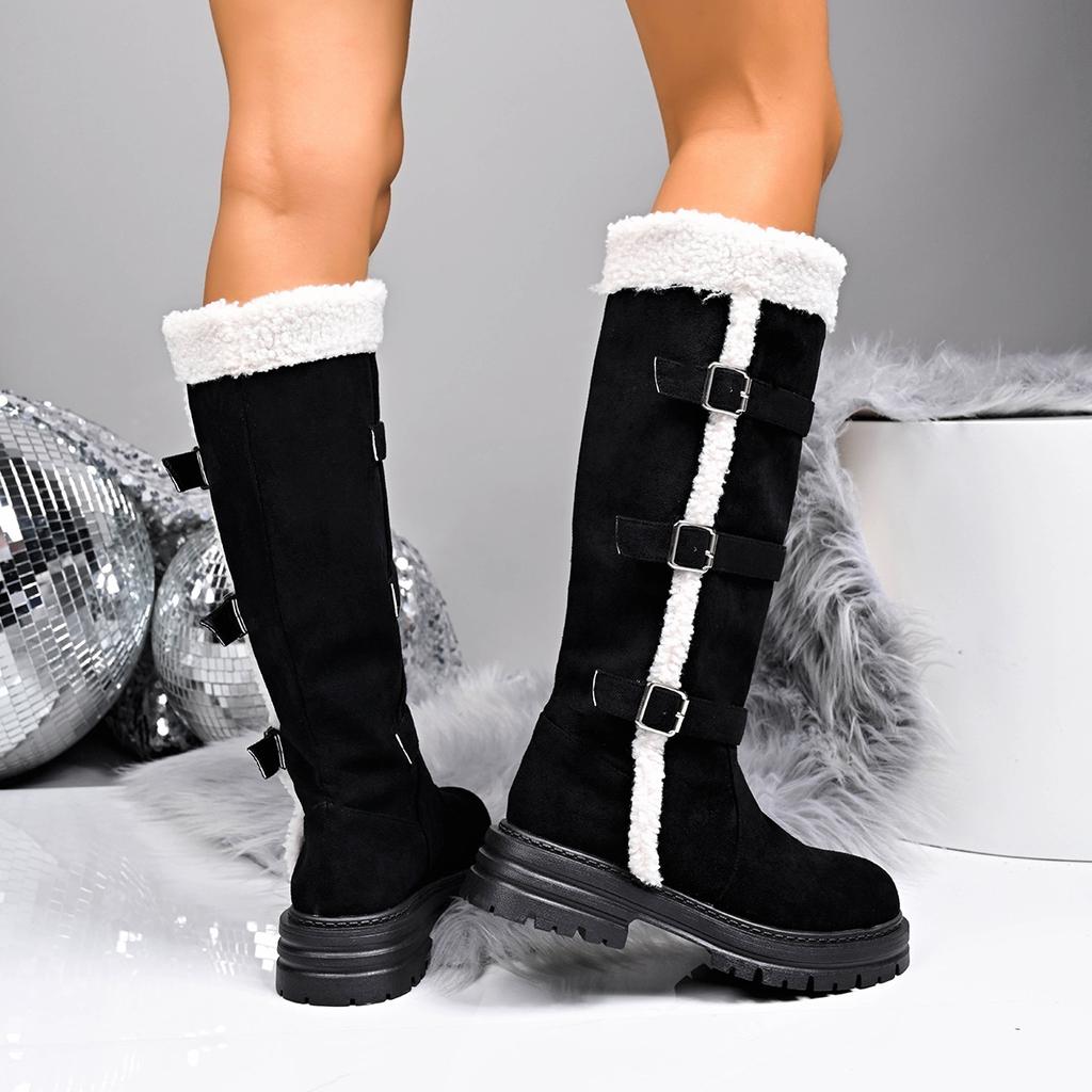 Móda Zima Nové Teplé Sněhule Dámské Pohodlné Plyšové Bavlněné Boty Spona na Pásek Ke Kolenům Kožešinové Všívání Boty Dámské Boty s Tlustým Podpatkem
