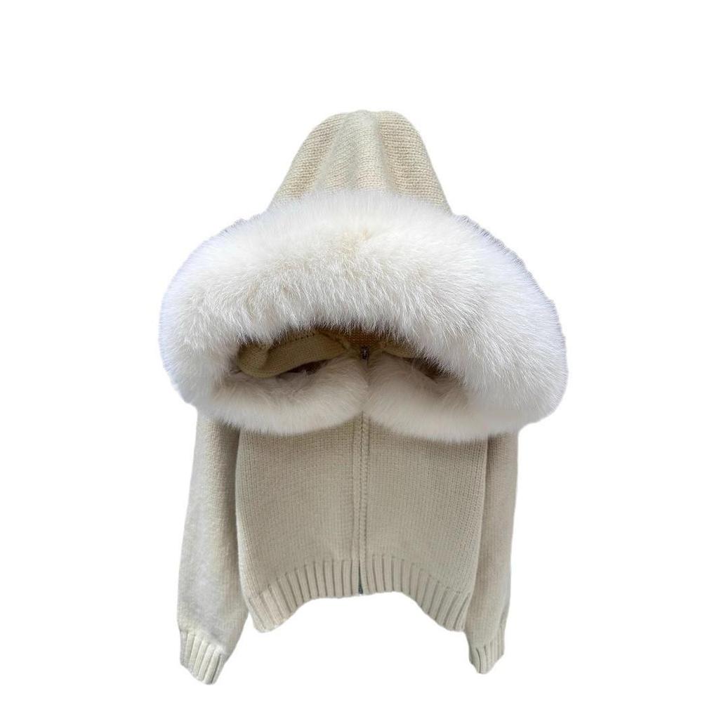 2024 Autumn/Winter Thick Knit Sweater with Real Fox Fur Collar