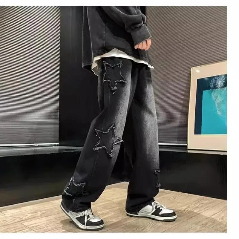 Fashion Stars Towel Embroidery Brown Men Jeans Pants Y2K Clothes Straight Hip Hop Cotton Trousers Pantalon Homme