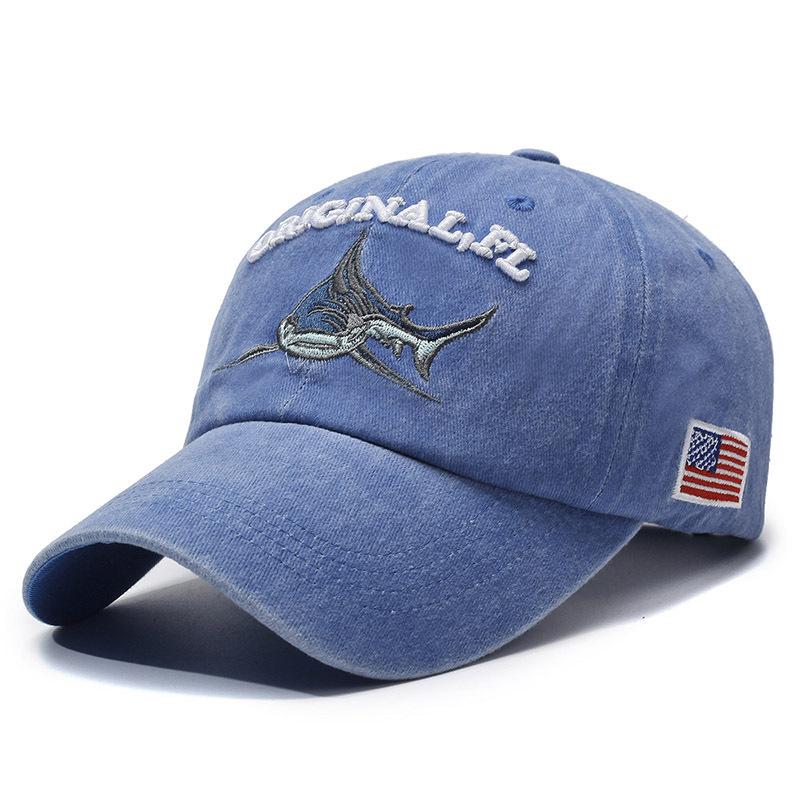 Berretto da Baseball Unisex Lavato Lettera Ricamata 3D Cappello Squalo Bandiera Americana Berretto Visiera Anatra Regolabile Retrò Streetwear