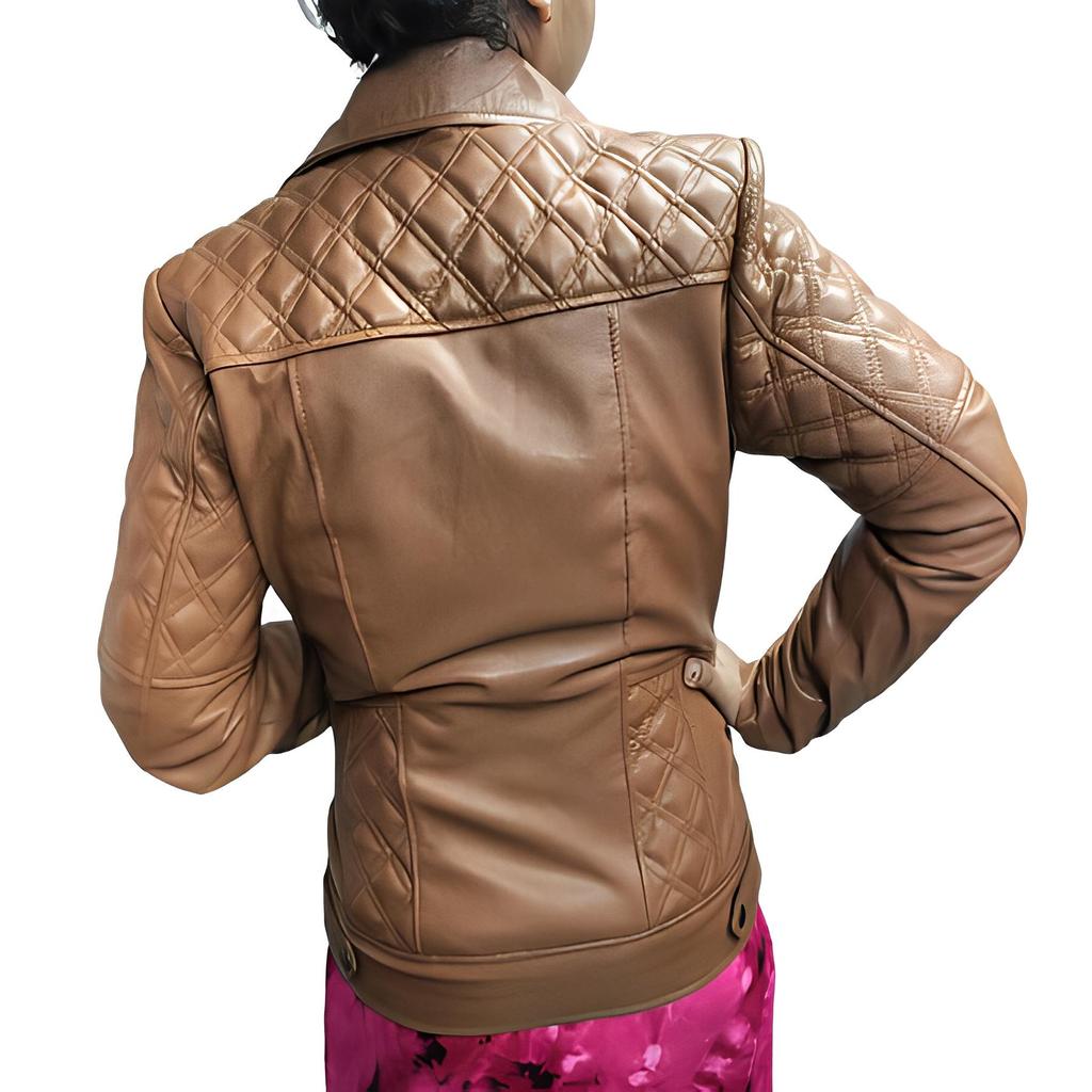 NOORA Womens  Brick Tan Colour Jacket | Cross Quilted Leather Jacket With Pocket & Multi Zip | Stylish Fashion Jacket | Biker Jacket | Western Style .