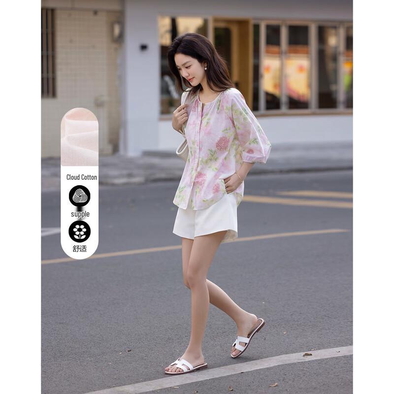 Demana Women s Pleated Round Neck Slub Print Mid-Sleeve Shirt XL