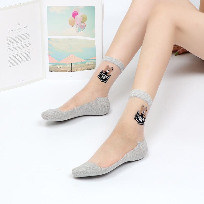5 Pairs of Women's Summer Thin Cotton Bottom Non Slip Durable Crystal Silk Transparent Mid Tube Socks