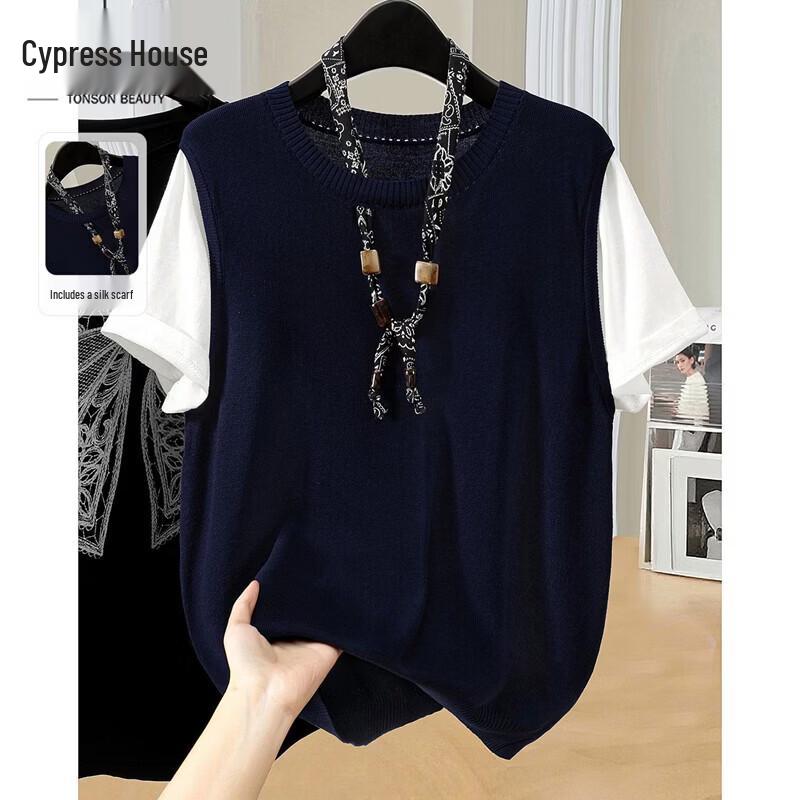 Women s Spliced Round Neck Knit Short Sleeve Top ONE SIZE