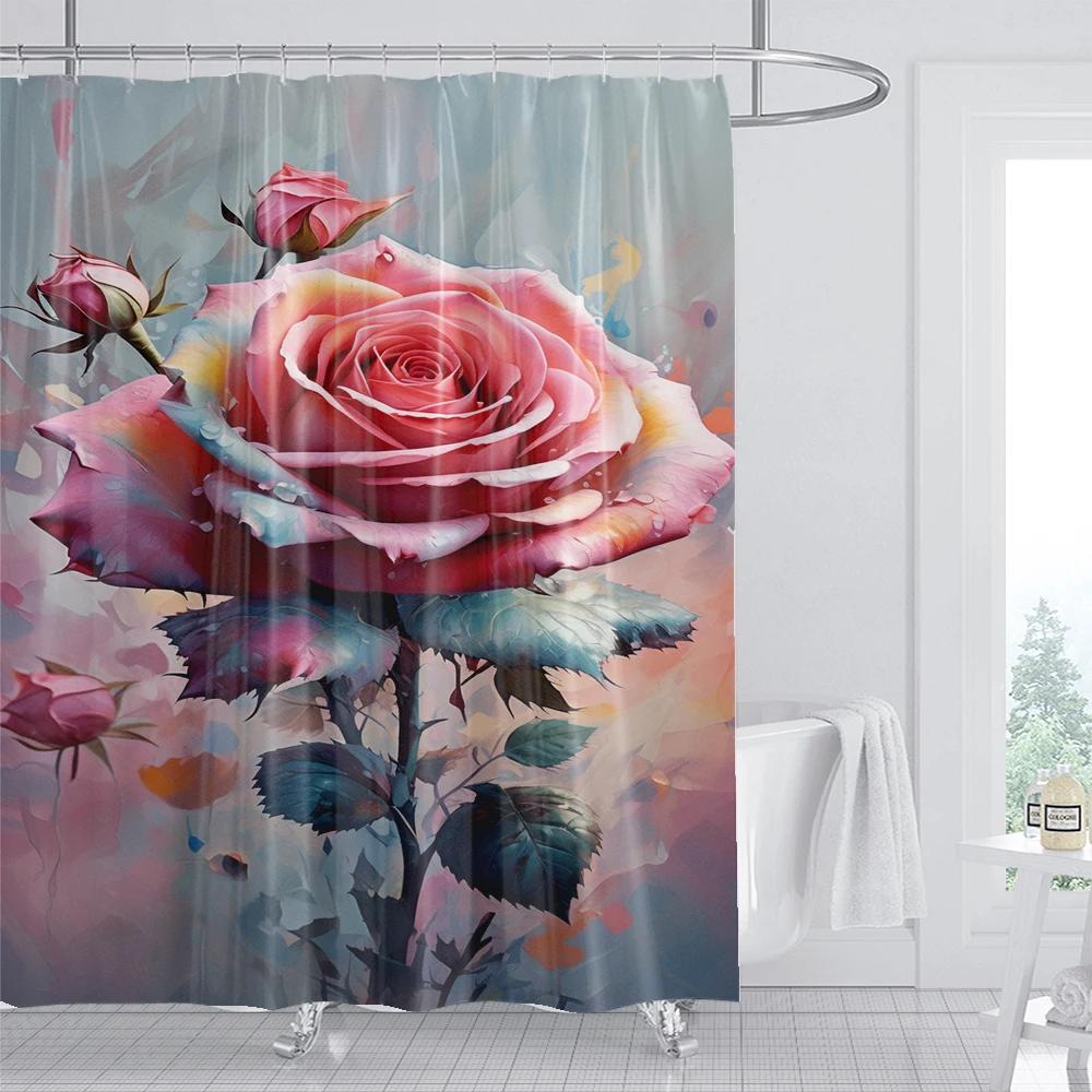

Rose Floral Shower Curtain Watercolor Flower Bath Curtain Polyester Fabric Waterproof Bathroom Curtains With Hooks Bath Screen W60H190(CM)-1 Pcs
