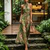 Yangyizhi Floral Chiffon Dress for Women, Halter Sleeveless Ruched Maxi Dress, Turtle Neck Wedding Guest Cocktail Evening