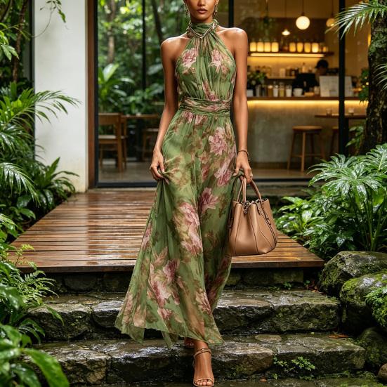 Yangyizhi Floral Chiffon Dress for Women, Halter Sleeveless Ruched Maxi Dress, Turtle Neck Wedding Guest Cocktail Evening