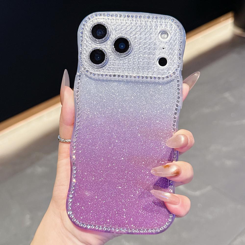 KEYSION Gradient Glitter Jewelled Phone Case for iPhone 16 17 Pro Max Air 16 Plus Wavy Border Lens Protector Shockproof Cover