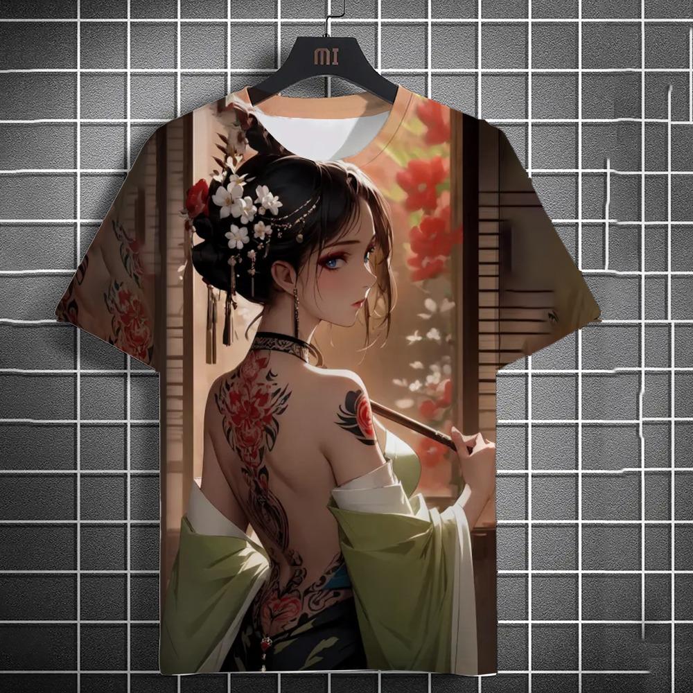 Men's T-shirt 3D printed anime goddess back tattoo print T-shirt casual loose short sleeved T-shirt men's home clothing top