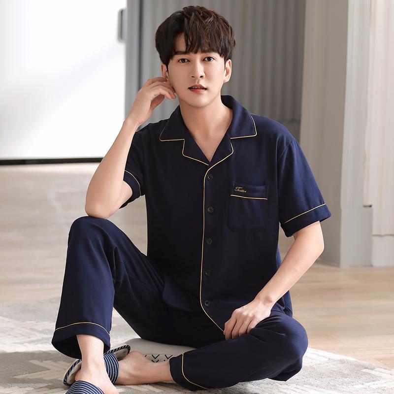 Summer Men's Short Sleeve Pajamas Set & Long Pants Male Loungewear Plus Size Cardigan Cotton Middle-aged Dad Pijamas Hombre