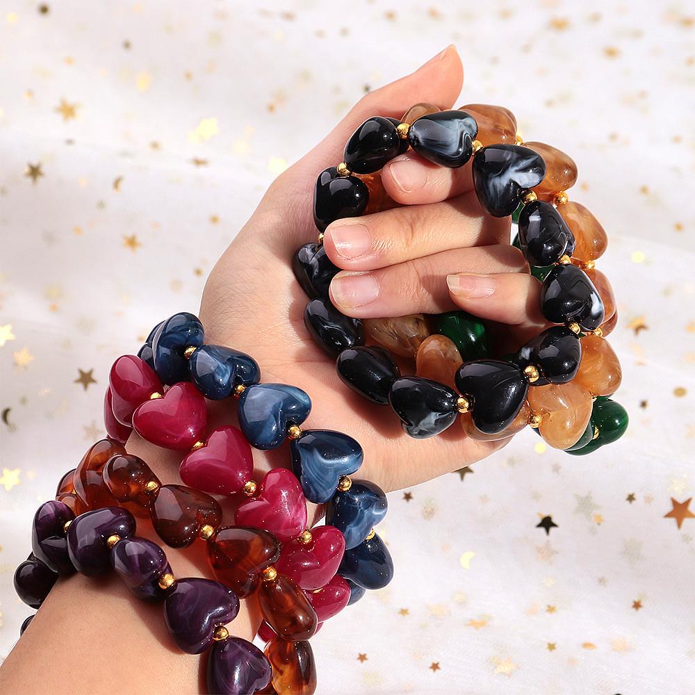 New Acrylic Heart Beaded Elastic Bracelet for Women Trendy Multicolor Resin Love Handmade Bracelets Valentine's Day Jewelry Gift
