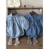 Ins Korean Style Baby Spring Clothing New Model, Stylish and Cute Denim Romper with Turn-Down Collar and Puff Sleeves for Baby Girls