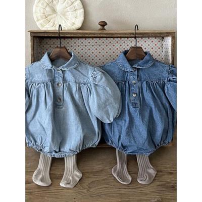 Ins Korean Style Baby Spring Clothing New Model, Stylish and Cute Denim Romper with Turn-Down Collar and Puff Sleeves for Baby Girls