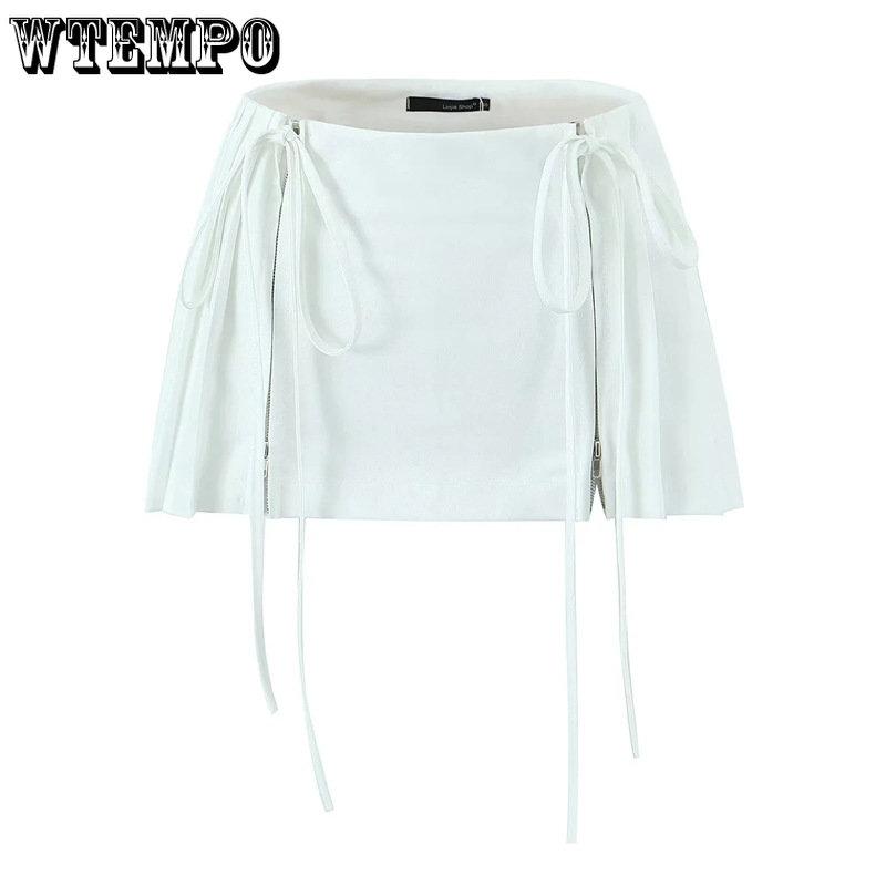WTEMPO Girl's High Waist Double Drawstring Zipper Short Skirts Women's Solid All-match Pleated A-line Mini Skirts