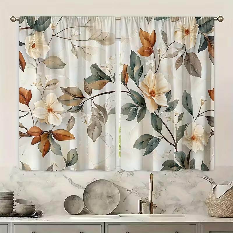 2PC Cream Magnolia Branch Sheer Curtains - Soft Earthy Botanical Print Window Drapes for Living Room Bedroom Decor