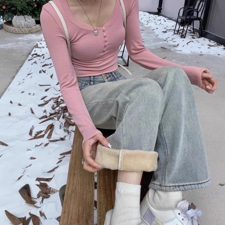 Women's Autumn & Winter High-Waisted Vintage Distressed Wide-Leg Jeans, Yellow-Mud Color, Plus Velvet Thickening, Loose & Warm Long Pants.