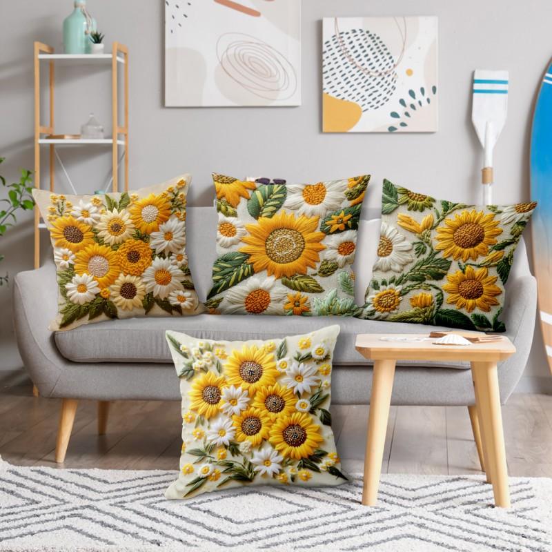 2D Sunflower Plush Pillow Cover 45x45cm Floral Retro Custom Printed Modern Home Decor